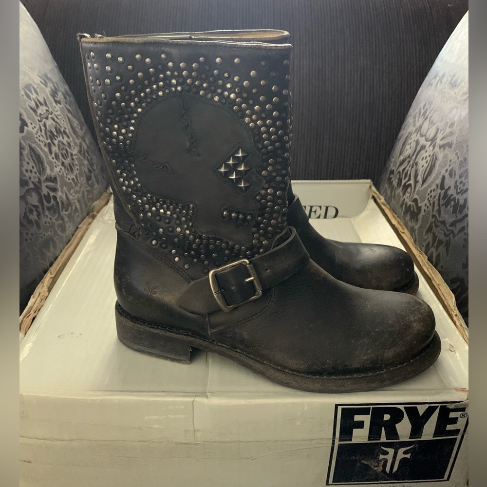 Frye Boots: Distressed Black Leather, Studded Skull Design.
